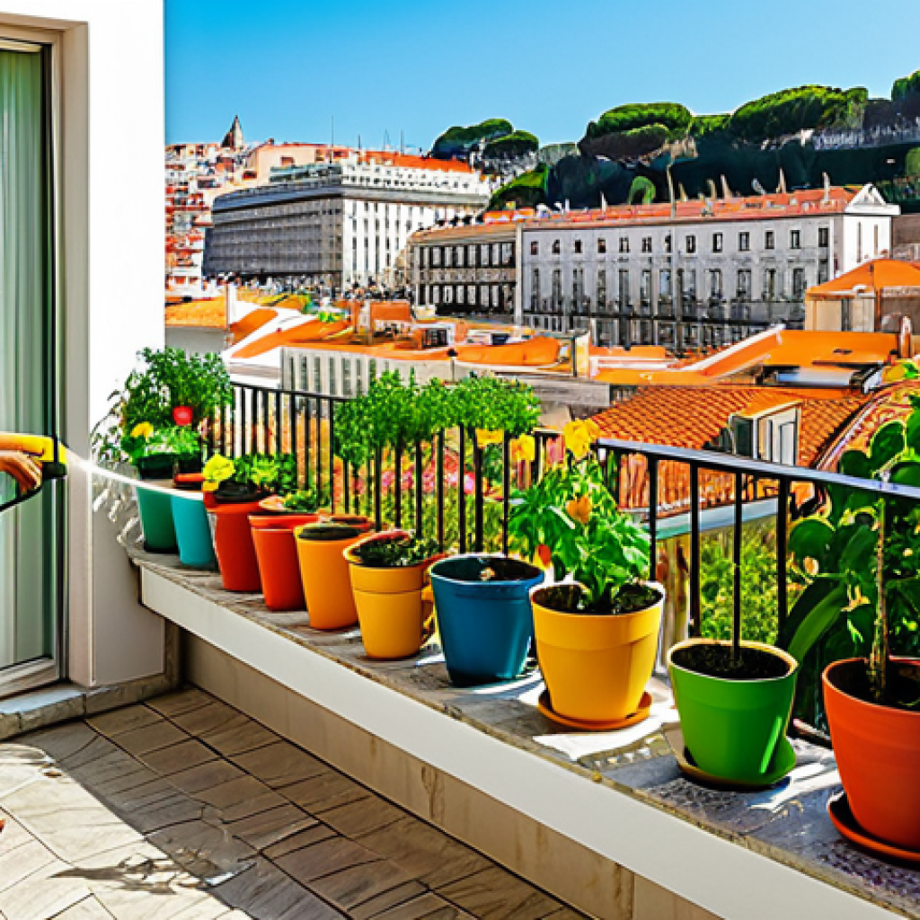 Urban Oasis**

"A vibrant urban garden on a balcony in Lisbon, Portugal. Lush flowers, herbs, and vegetables are growing in colorful pots and planters. Bees and butterflies are flitting around the blossoms. In the background, traditional Portuguese architecture can be seen. The scene is bathed in warm sunlight. Fully clothed person watering the plants. Safe for work, appropriate content, fully clothed, professional photography, perfect anatomy, natural proportions, family-friendly."

**