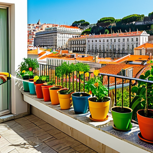 Home 4 Urban Oasis**
"A vibrant urban garden on a balcony in Lisbon, Portugal. Lush flowers, herbs, and vegetables are growing in colorful pots and planters. Bees and butterflies are flitting around the blossoms. In the background, traditional Portuguese architecture can be seen. The scene is bathed in warm sunlight. Fully clothed person watering the plants. Safe for work, appropriate content, fully clothed, professional photography, perfect anatomy, natural proportions, family-friendly."
**