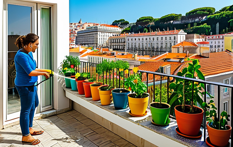 Urban Oasis**
"A vibrant urban garden on a balcony in Lisbon, Portugal. Lush flowers, herbs, and vegetables are growing in colorful pots and planters. Bees and butterflies are flitting around the blossoms. In the background, traditional Portuguese architecture can be seen. The scene is bathed in warm sunlight. Fully clothed person watering the plants. Safe for work, appropriate content, fully clothed, professional photography, perfect anatomy, natural proportions, family-friendly."
**
