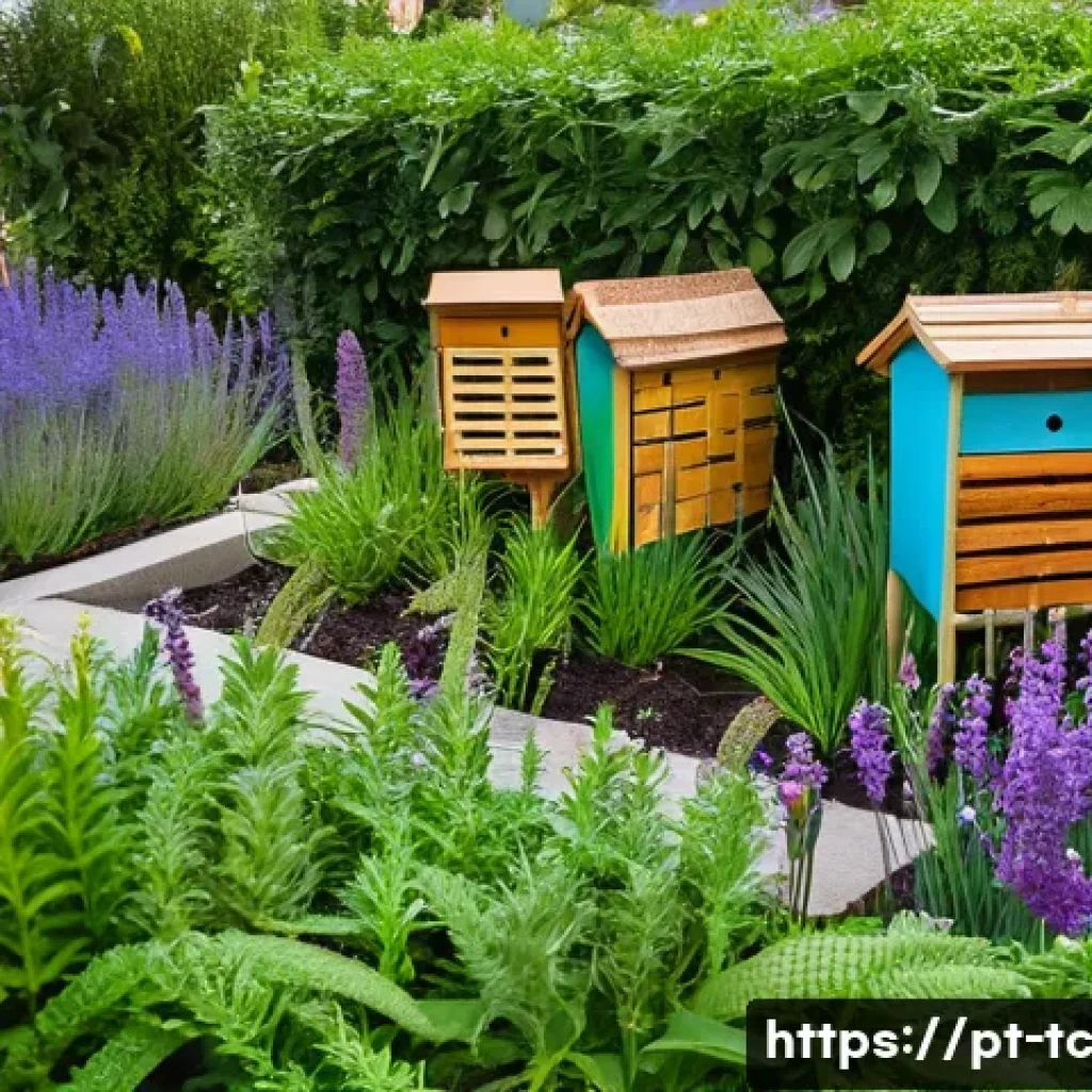 지속 가능한 도시 설계를 위한 수분매개자 기여 - **Vibrant Urban Pollinator Garden:** A close-up, eye-level shot of a thriving urban garden designed ...