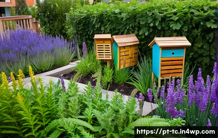 지속 가능한 도시 설계를 위한 수분매개자 기여 - **Vibrant Urban Pollinator Garden:** A close-up, eye-level shot of a thriving urban garden designed ...