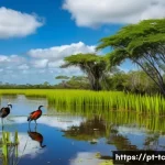 Home 19 수분매개자 및 생태 관광의 연관성 - A vibrant scene in the Pantanal wetlands during the day featuring a variety of colorful birds perche...