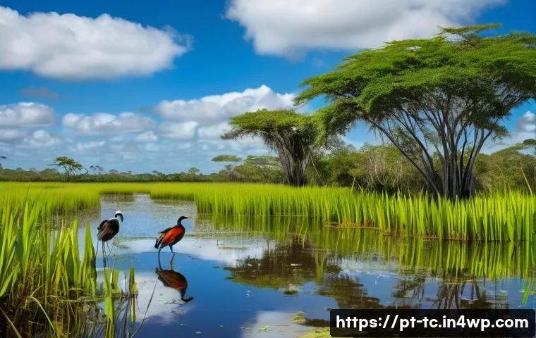수분매개자 및 생태 관광의 연관성 - A vibrant scene in the Pantanal wetlands during the day featuring a variety of colorful birds perche...