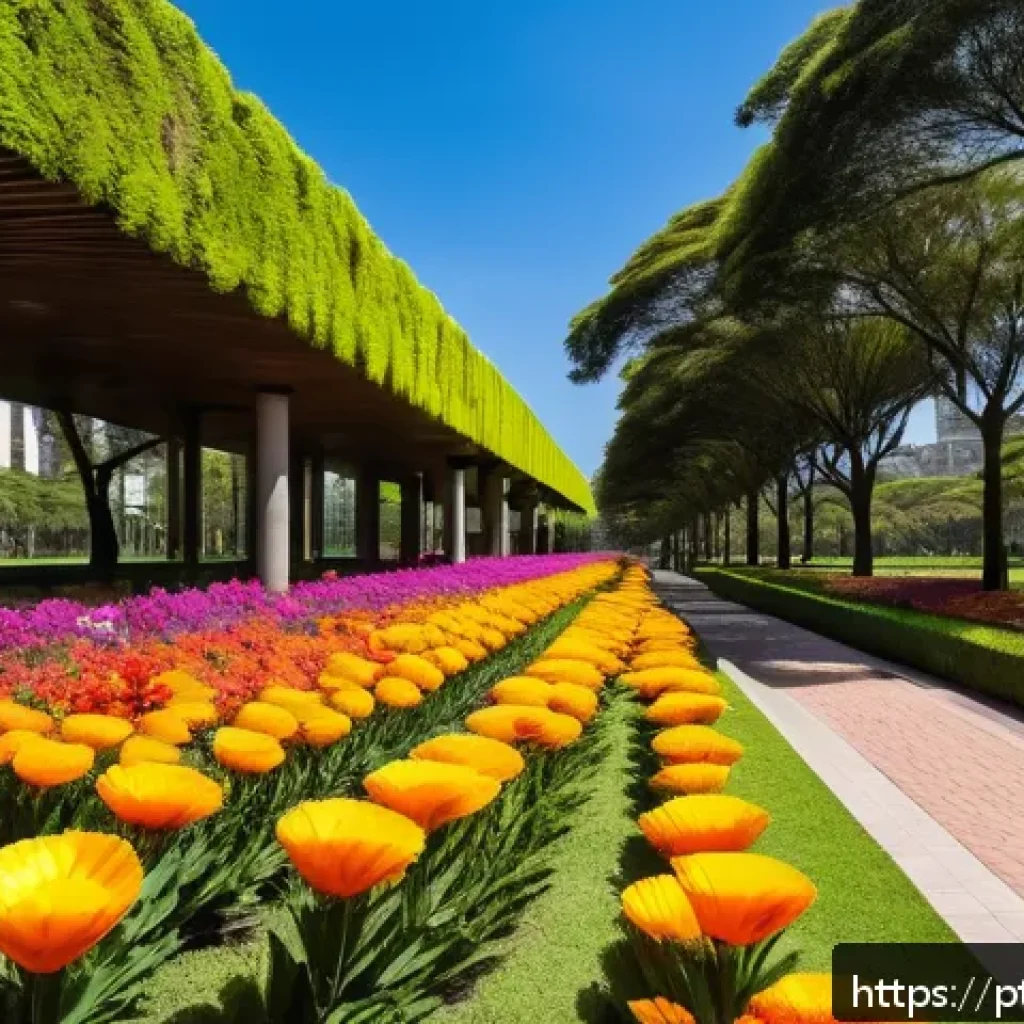 생태적 도시 설계와 수분매개자 - A vibrant urban park scene in São Paulo’s Ibirapuera Park during springtime, featuring lush green la...