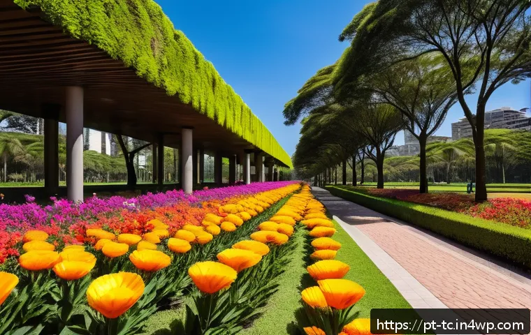 생태적 도시 설계와 수분매개자 - A vibrant urban park scene in São Paulo’s Ibirapuera Park during springtime, featuring lush green la...