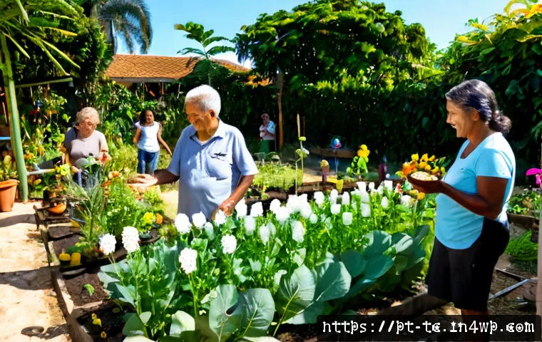 수분매개자에 대한 지역 사회 인식 개선 방안 - Photorealistic community garden in a Brazilian neighborhood, diverse families and older adults obser...