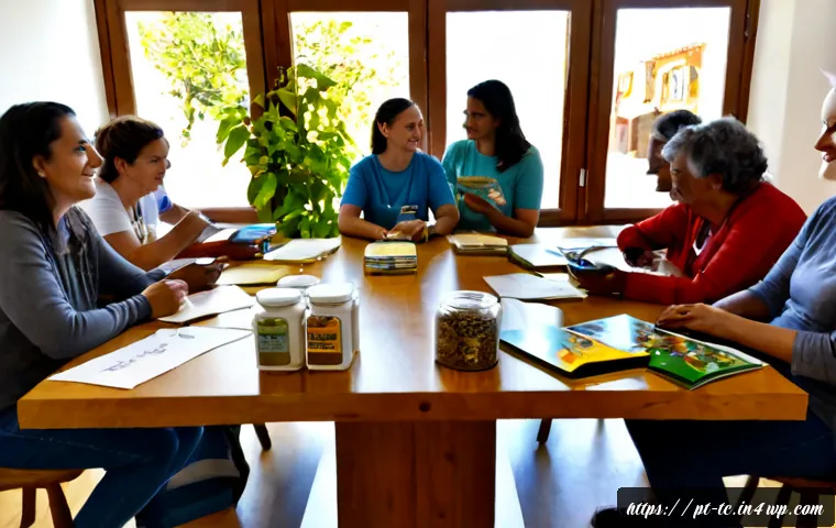 Home 17 수분매개자 보존을 위한 시민 캠페인 기획 - Photorealistic community pollinator conservation campaign planning meeting in a sunlit Portuguese to...